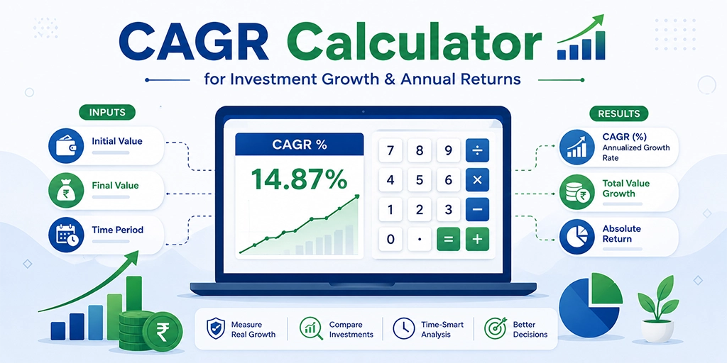 Online investment growth calculator showing CAGR percentage result with beginning value and ending value fields