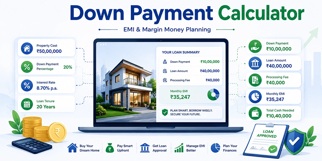 Online down payment calculator with input fields for asset cost, down payment percentage, interest rate, and loan tenure to estimate EMI