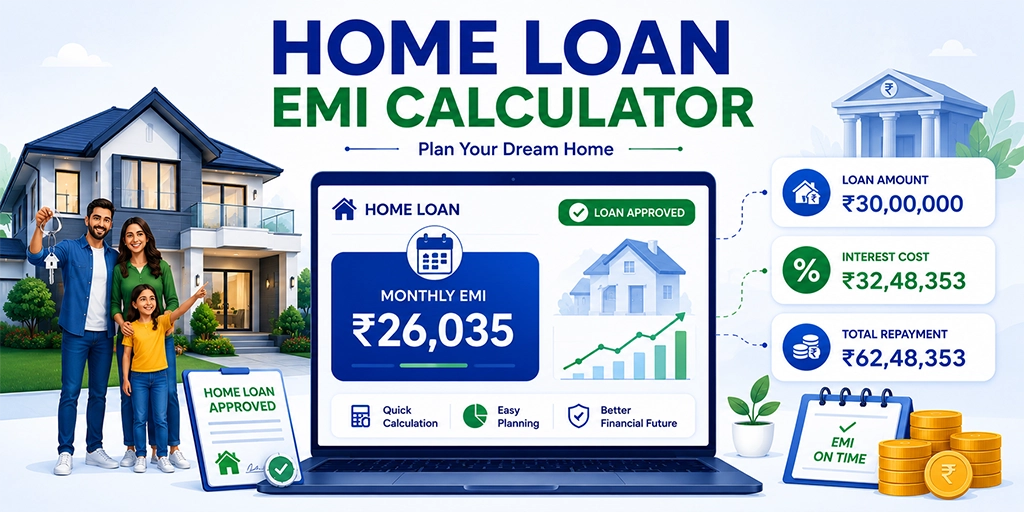 Online housing loan calculator with input fields for loan amount, annual interest rate, and repayment tenure to estimate monthly EMI and total cost