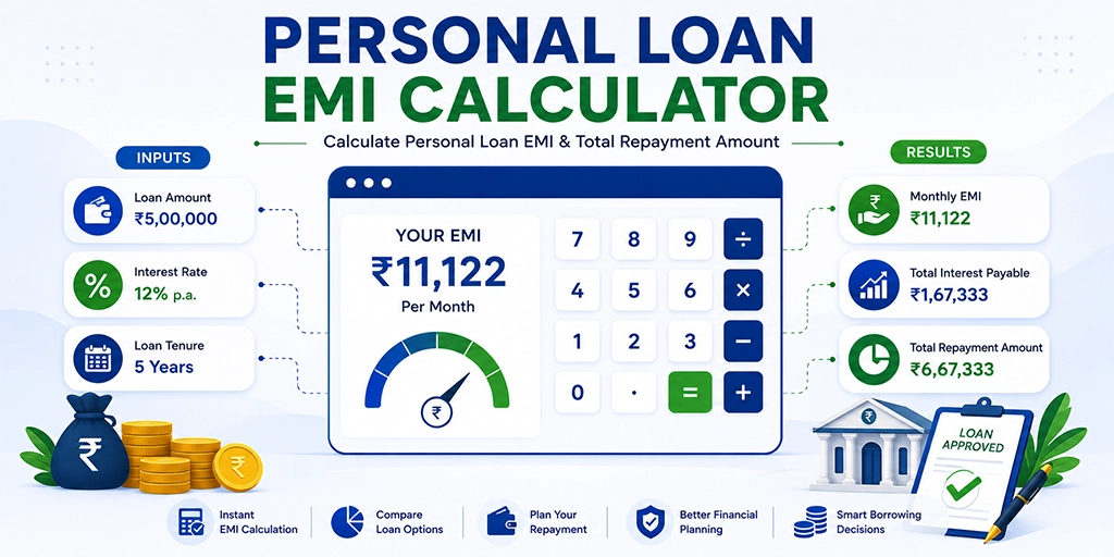 Online EMI calculator for personal loans displaying principal amount, interest rate input, tenure selector, and estimated monthly installment